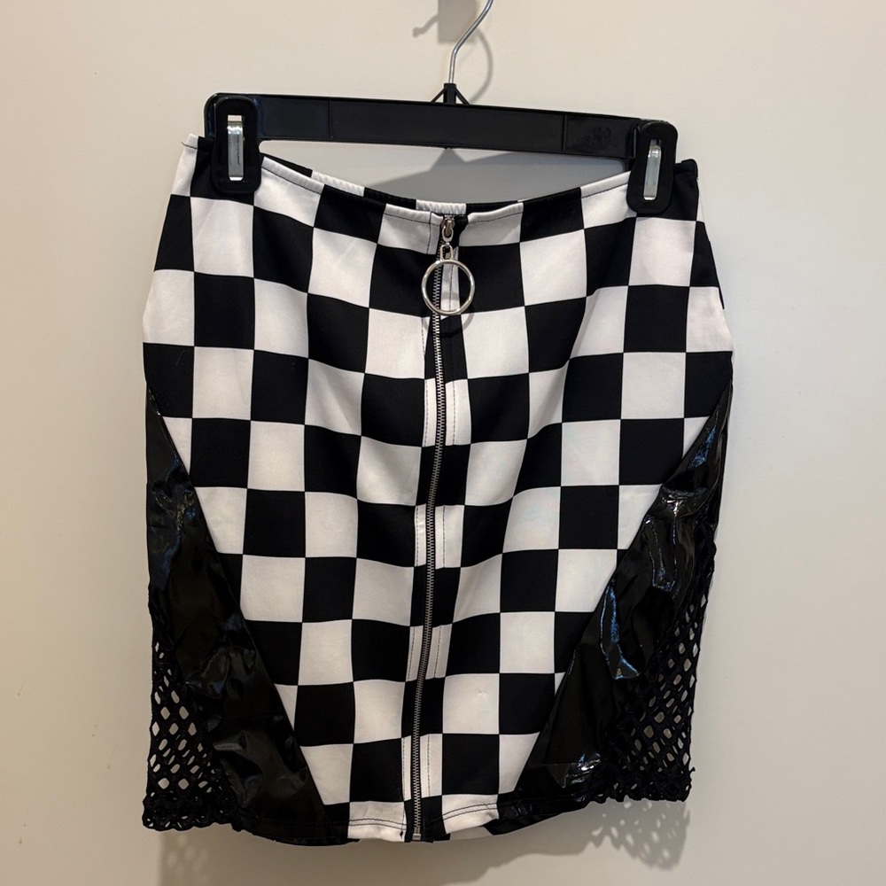 Black & White Checkered Zip-Front Mini Skirt